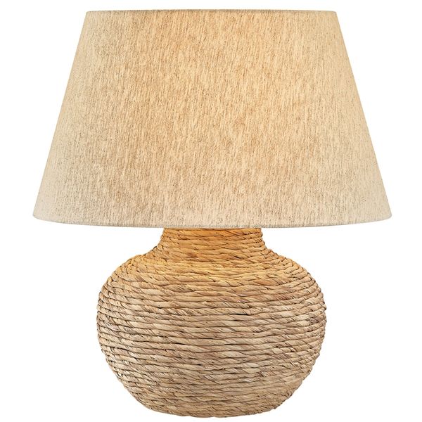 Lampa stolowa o zaokraglonej formie z harmonijnym wykonczeniem w odcieniu bezu